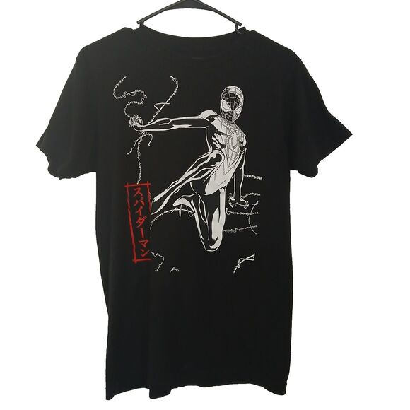 Marvel Spiderman Black Japanese Katakana Unisex Graphic Tee Shirt T-Shirt Medium - Picture 1 of 4